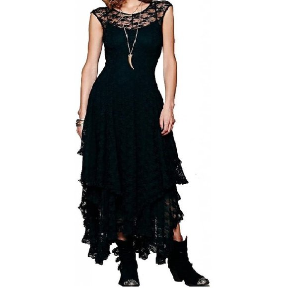 Free People Dresses & Skirts - NWT Boho Sensual Black Lace Long Dress with Slip